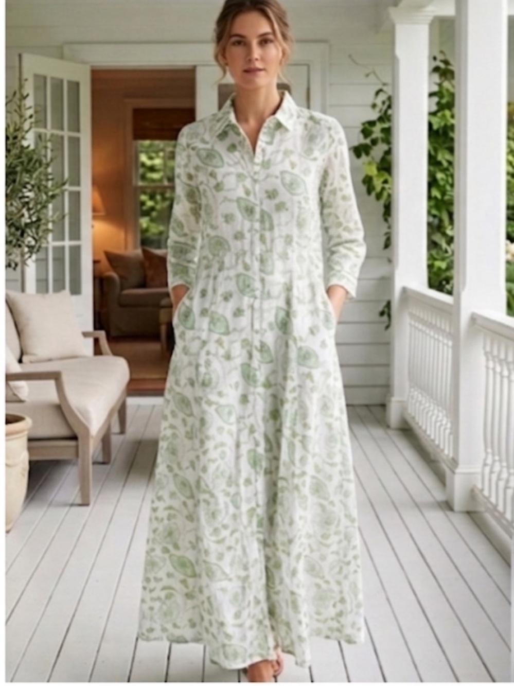 Julia Amory JA Dress Long-Sleeve Collared Maxi Dress with Green Floral Print S